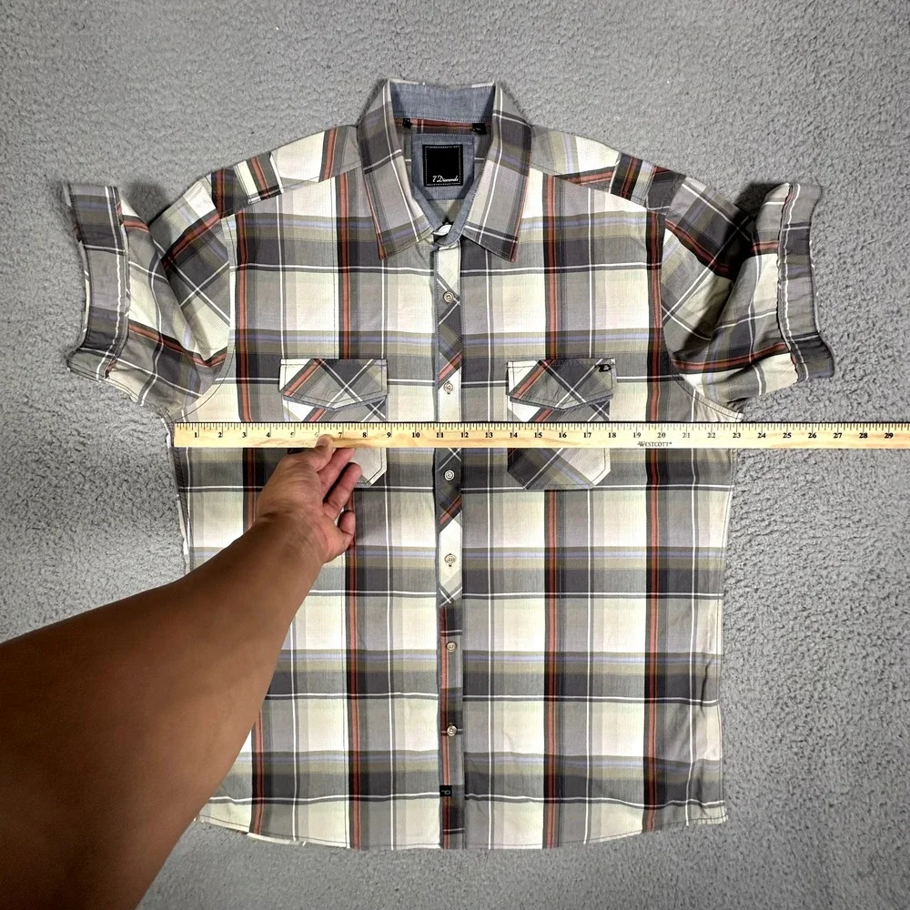 7 Diamonds Shirt Mens XL Plaid Casual Preppy Button Up Double Pocket Logo Cotton